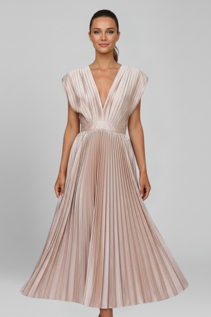 Novara | Classic Long Pleated Party Midi Dress with V- Neckline
