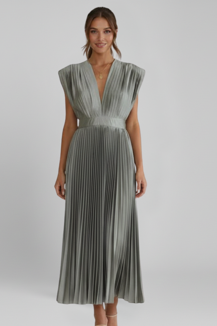 Novara | Classic Long Pleated Party Midi Dress with V- Neckline
