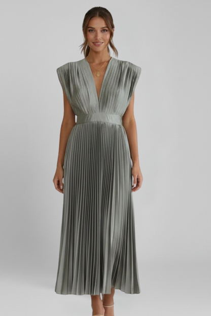 Novara | Classic Long Pleated Party Midi Dress with V- Neckline