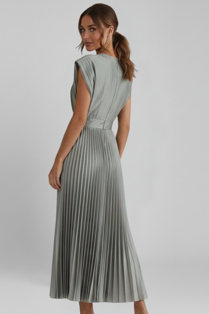 Novara | Classic Long Pleated Party Midi Dress with V- Neckline
