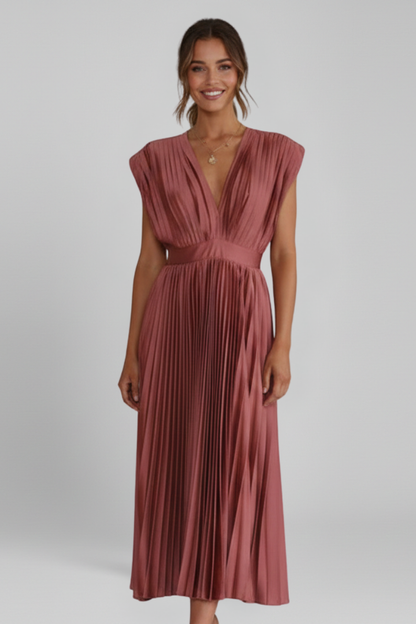 Novara | Classic Long Pleated Party Midi Dress with V- Neckline