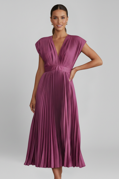 Novara | Classic Long Pleated Party Midi Dress with V- Neckline