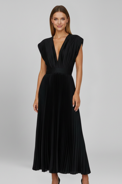 Novara | Classic Long Pleated Party Midi Dress with V- Neckline
