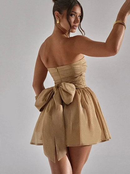 Women’s Strapless Pleated Flared Elegant Party Mini Dress