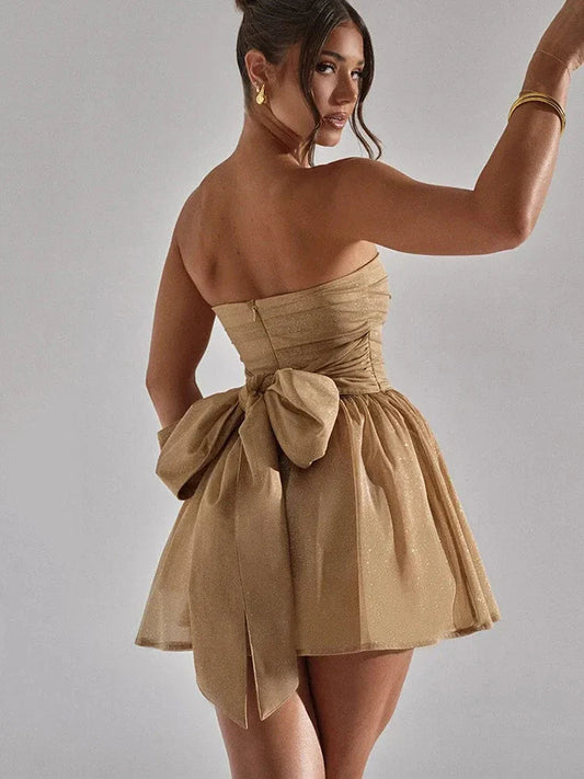 Women’s Strapless Pleated Flared Elegant Party Mini Dress