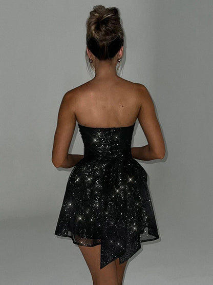 Women’s Strapless Pleated Flared Elegant Party Mini Dress
