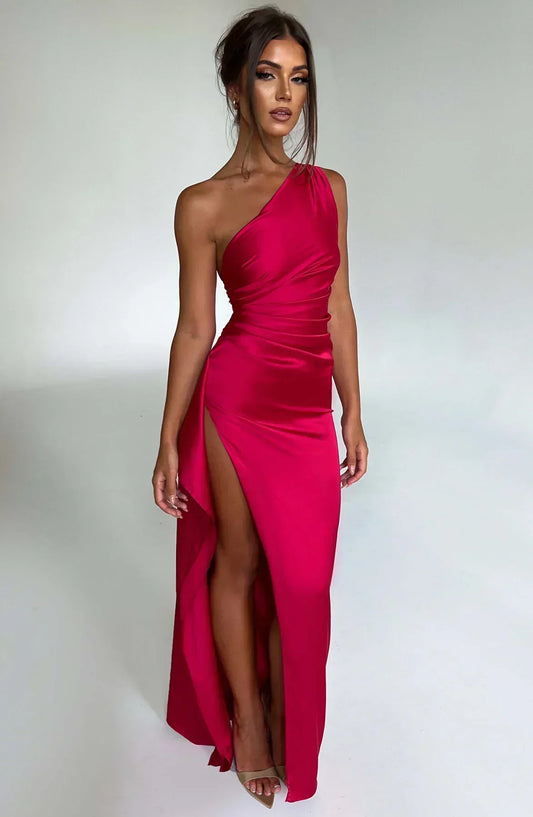 Women's One Shoulder High Slit Maxi Dress with Slim Fit