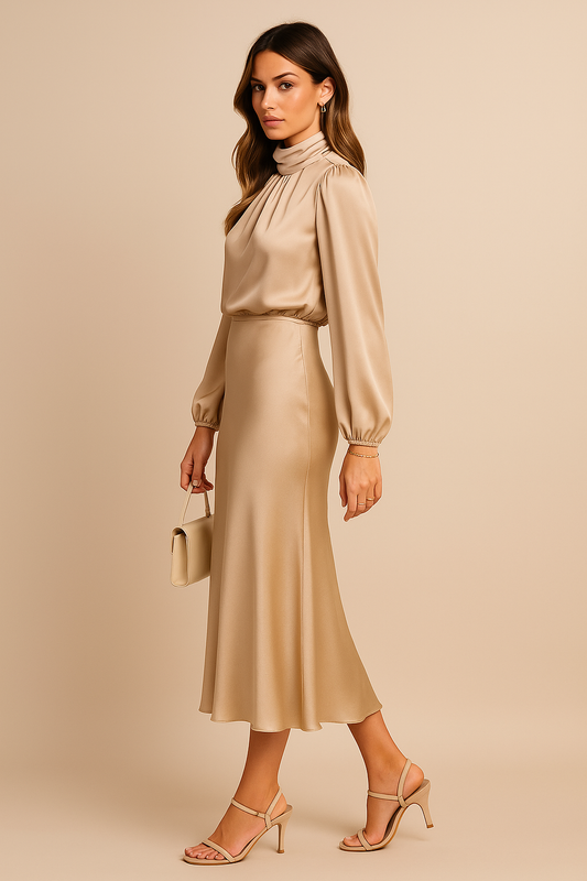 Women’s High Neck Elegant Long Sleeve Flowing Midi Dress