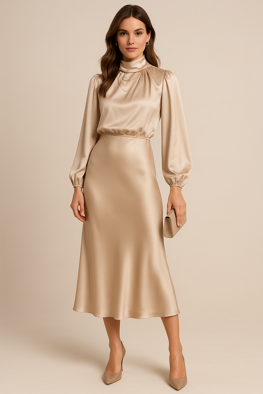 Women’s High Neck Elegant Long Sleeve Flowing Midi Dress