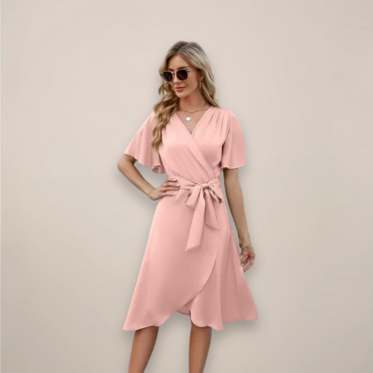 Women’s Wrap V Neck Front Tie Relaxed Fit Summer Midi Dress