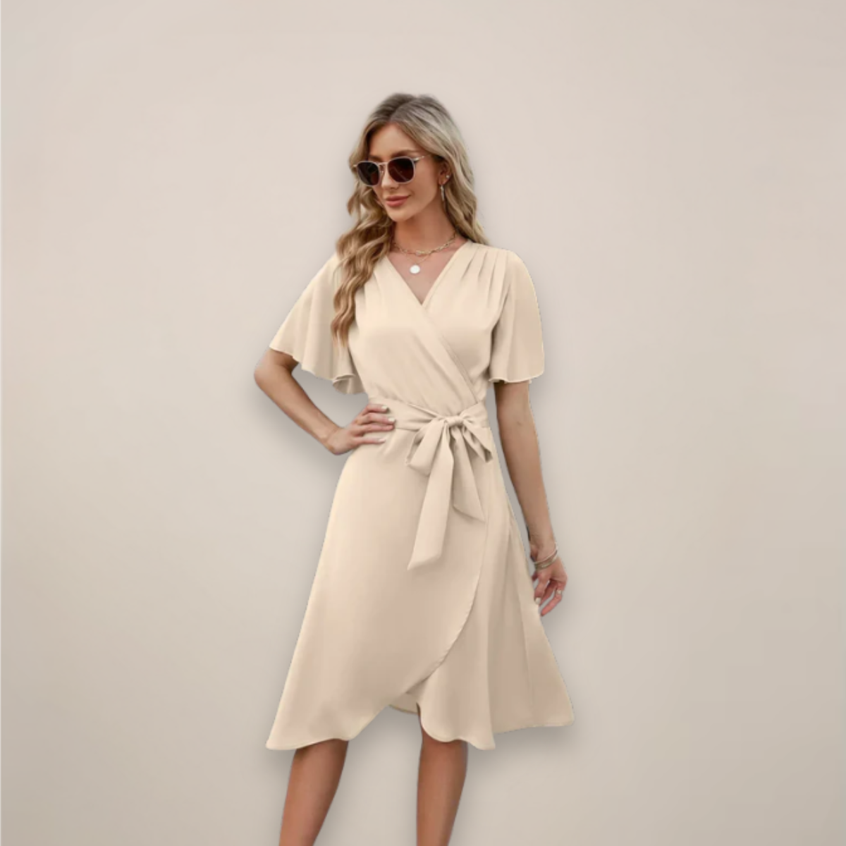 Women’s Wrap V Neck Front Tie Relaxed Fit Summer Midi Dress