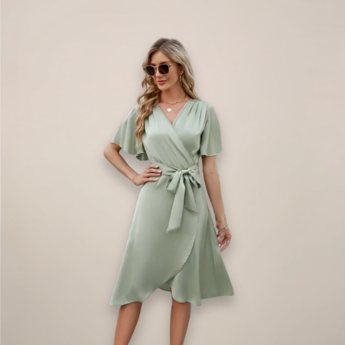 Women’s Wrap V Neck Front Tie Relaxed Fit Summer Midi Dress