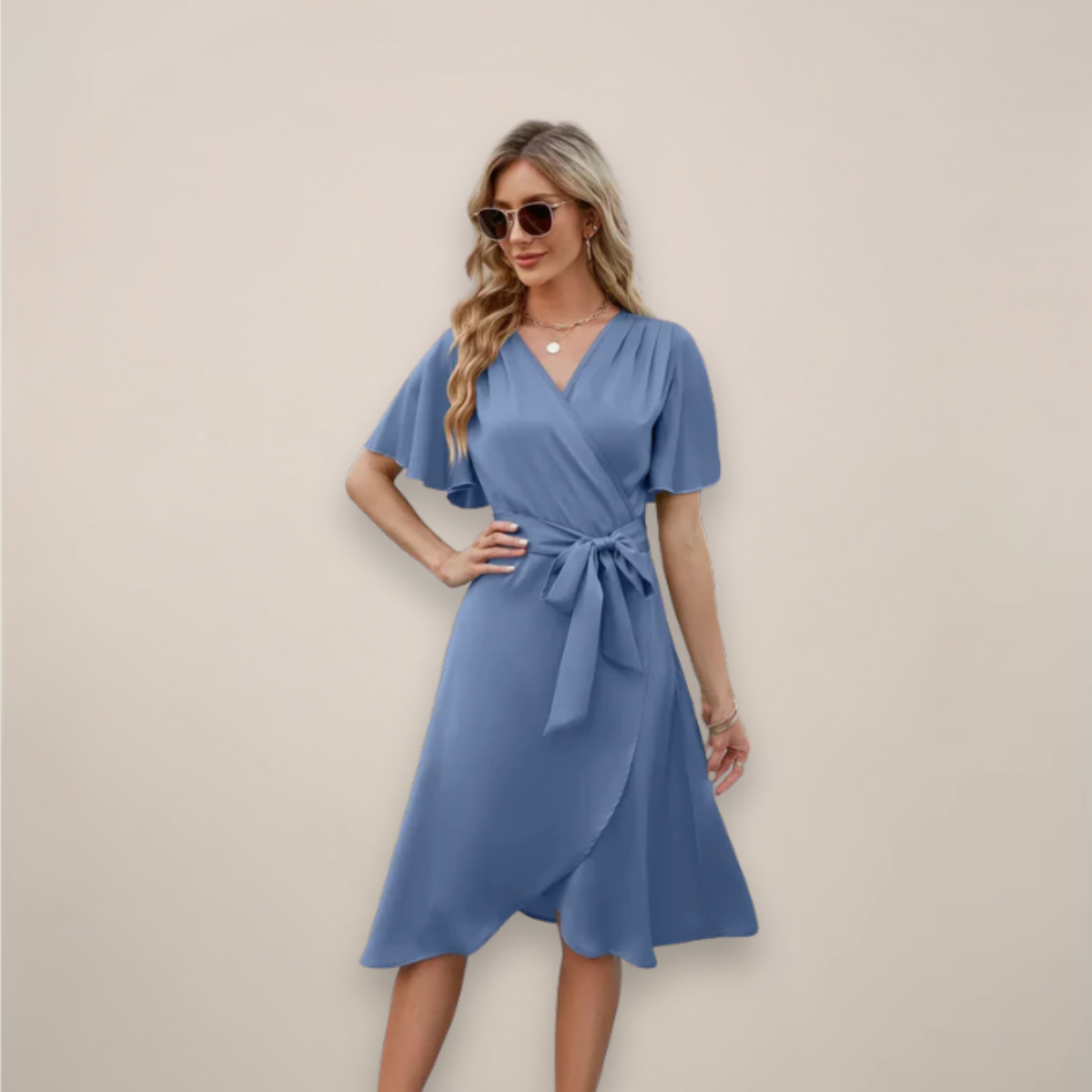 Women’s Wrap V Neck Front Tie Relaxed Fit Summer Midi Dress