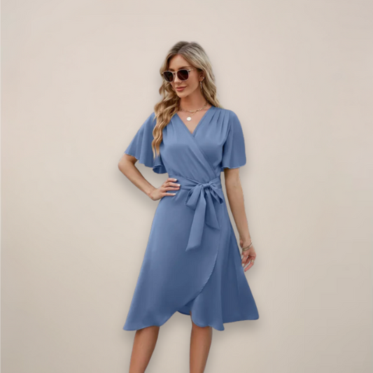 Women’s Wrap V Neck Front Tie Relaxed Fit Summer Midi Dress