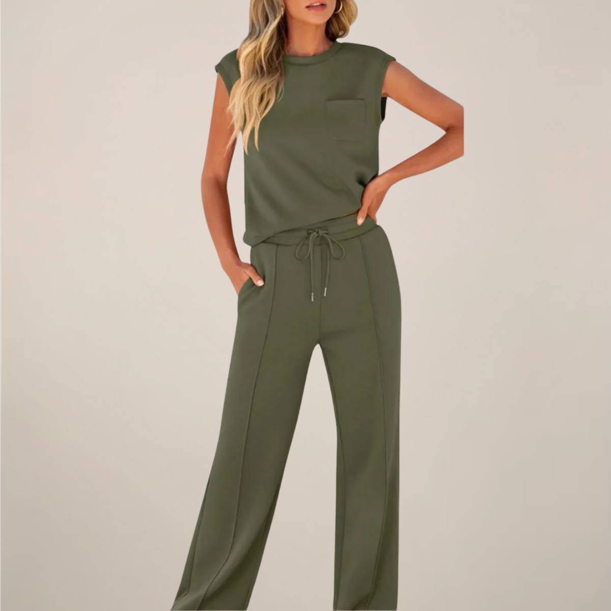 Women's Relaxed Drawstring Pants Set Sleeveless Top Casual Spring Two Piece Outfit
