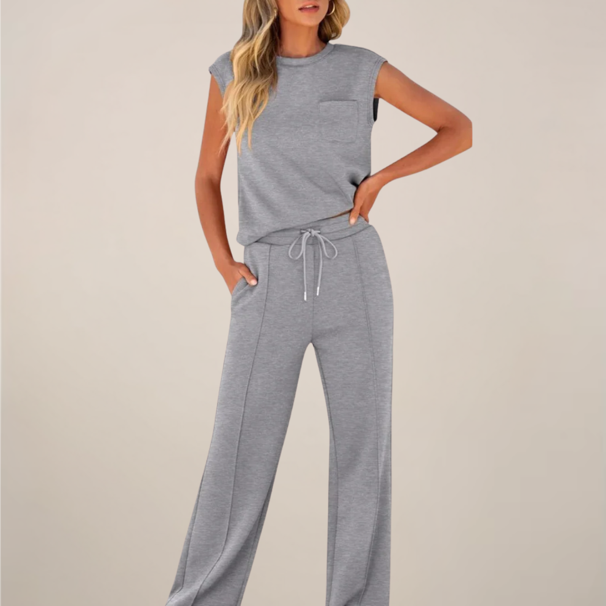 Women's Relaxed Drawstring Pants Set Sleeveless Top Casual Spring Two Piece Outfit