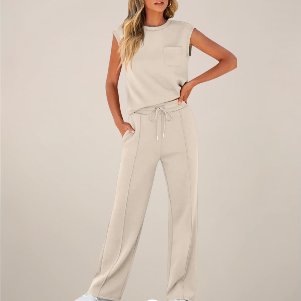 Women's Relaxed Drawstring Pants Set Sleeveless Top Casual Spring Two Piece Outfit