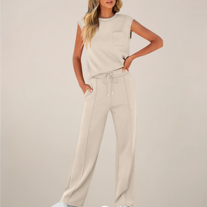 Women's Relaxed Drawstring Pants Set Sleeveless Top Casual Spring Two Piece Outfit
