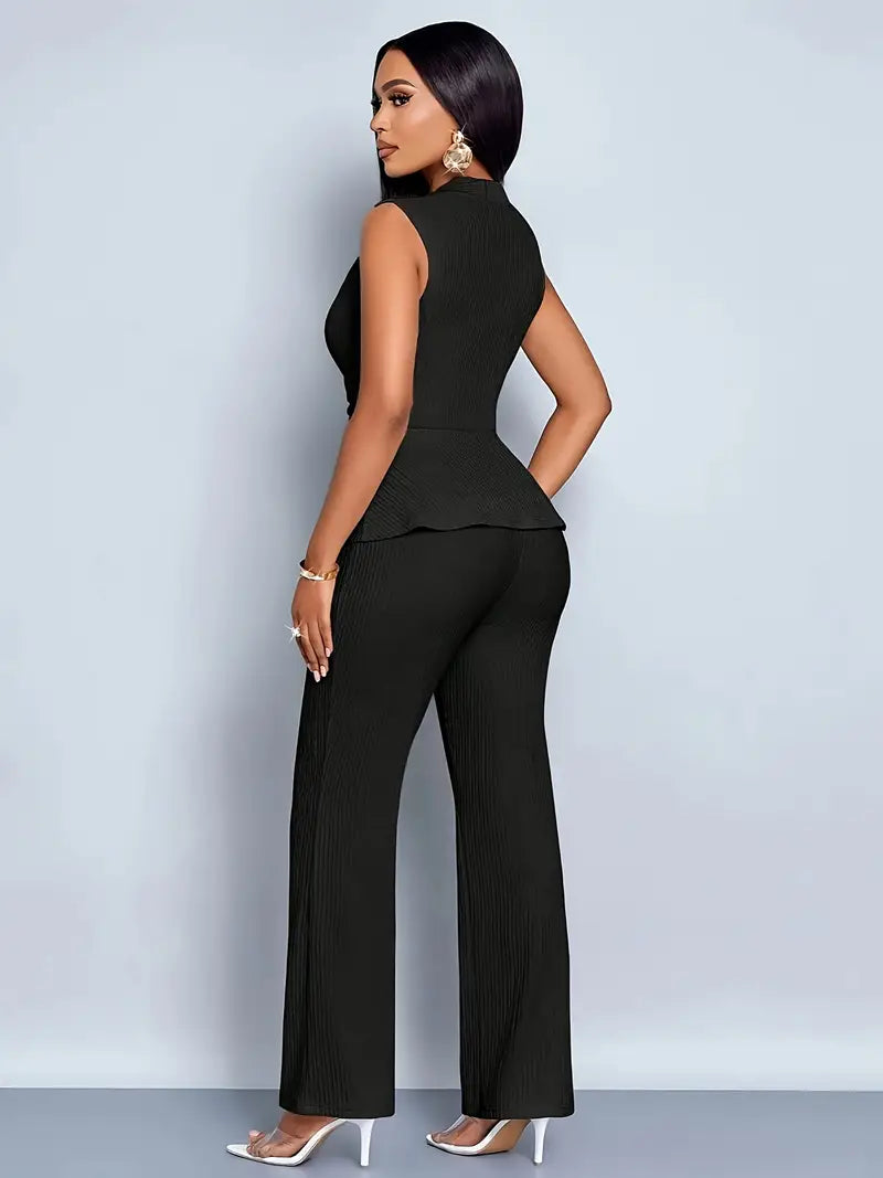 Women's Pleated Peplum Two Piece Set Elegant Top and Wide Leg Pants Outfit
