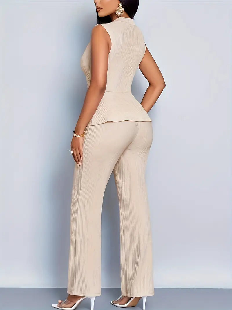 Women's Pleated Peplum Two Piece Set Elegant Top and Wide Leg Pants Outfit