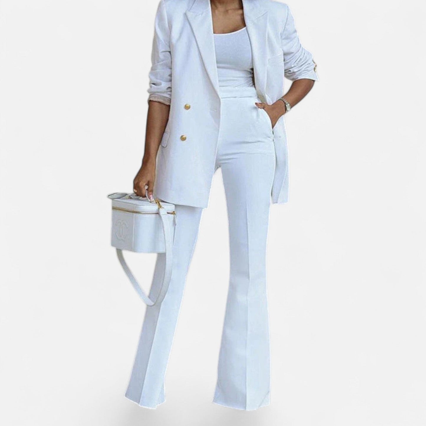 Women's Double Breasted Pantsuit Set with Blazer and Flared Pants