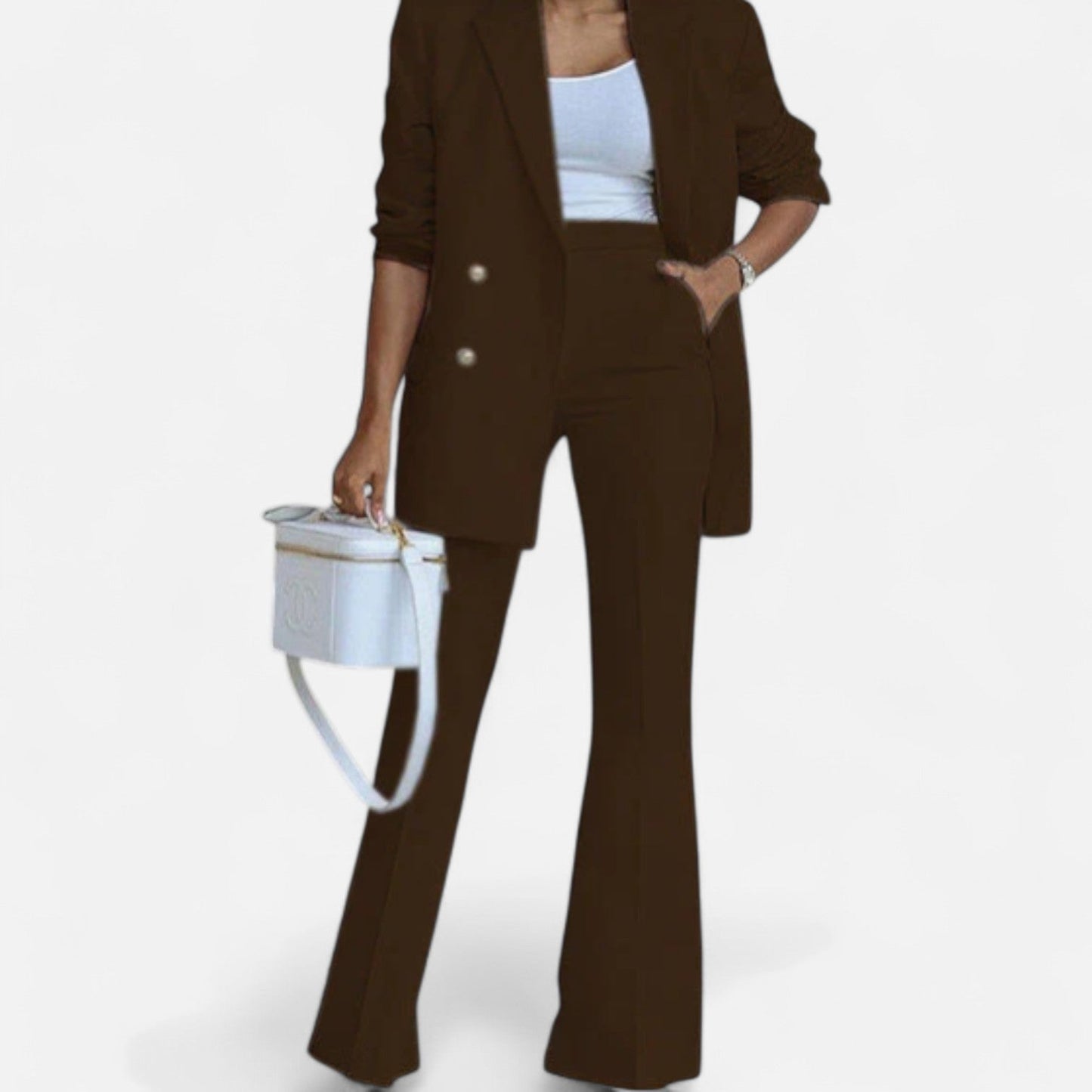 Women's Double Breasted Pantsuit Set with Blazer and Flared Pants