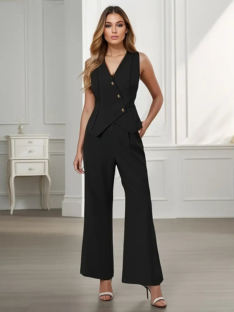 Women's Button Vest Two Piece Set Sleeveless Top and Tailored Pants Outfit