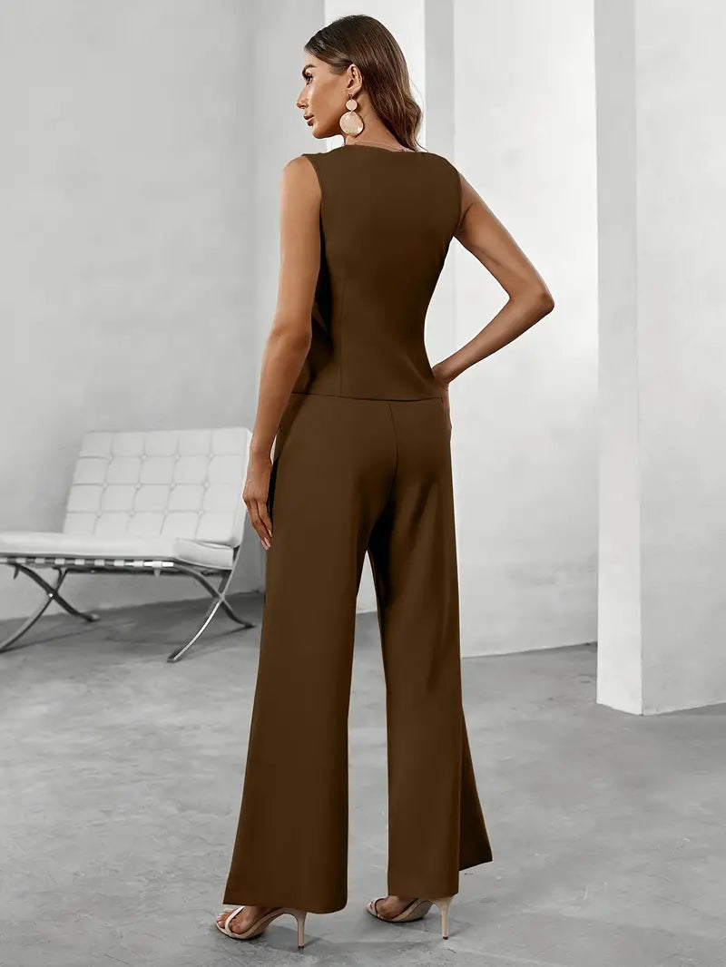 Women's Button Vest Two Piece Set Sleeveless Top and Tailored Pants Outfit