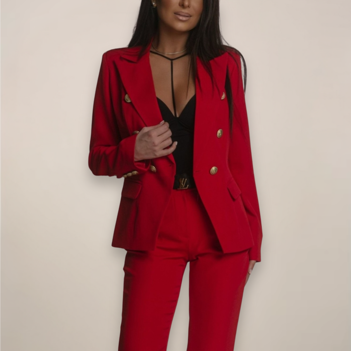 Women's Tailored Suit Set with Double-Breasted Blazer and Slim Pants