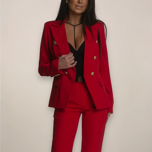Women's Tailored Suit Set with Double-Breasted Blazer and Slim Pants