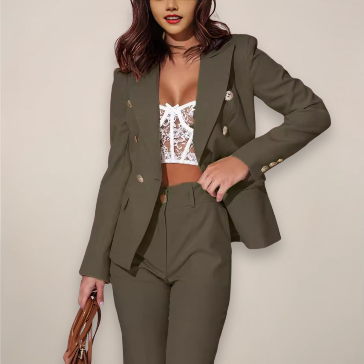 Women's Tailored Suit Set with Double-Breasted Blazer and Slim Pants
