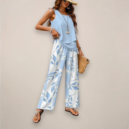 Women's Printed Wide Leg Pants Set with Sleeveless Top Casual Fit