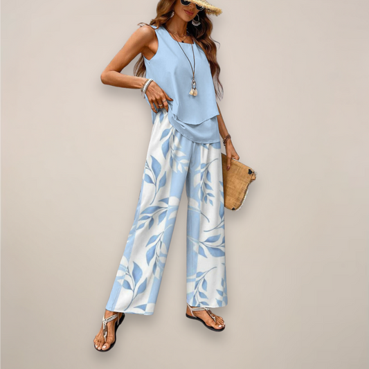 Women's Printed Wide Leg Pants Set with Sleeveless Top Casual Fit