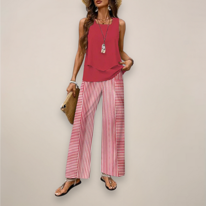 Women's Printed Wide Leg Pants Set with Sleeveless Top Casual Fit