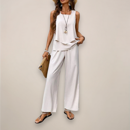 Women's Printed Wide Leg Pants Set with Sleeveless Top Casual Fit