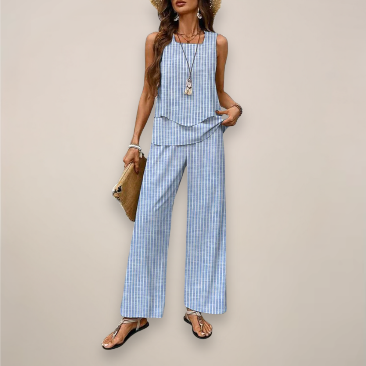 Women's Printed Wide Leg Pants Set with Sleeveless Top Casual Fit