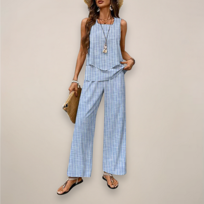 Women's Printed Wide Leg Pants Set with Sleeveless Top Casual Fit