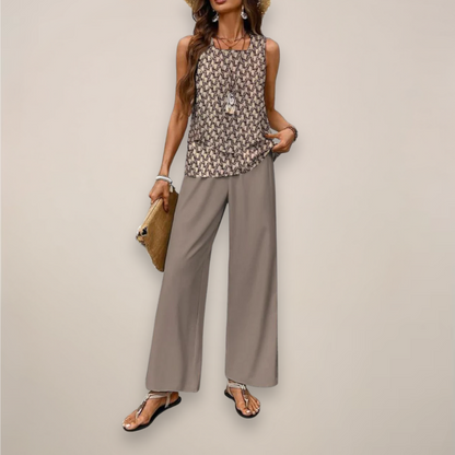 Women's Printed Wide Leg Pants Set with Sleeveless Top Casual Fit