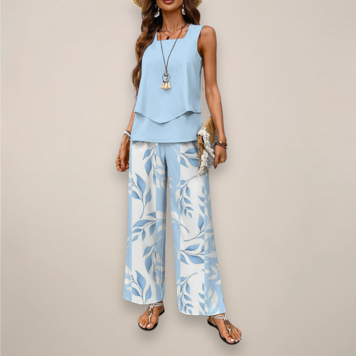 Women's Printed Wide Leg Pants Set with Sleeveless Top Casual Fit