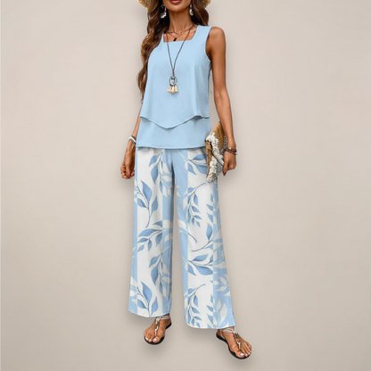 Women's Printed Wide Leg Pants Set with Sleeveless Top Casual Fit