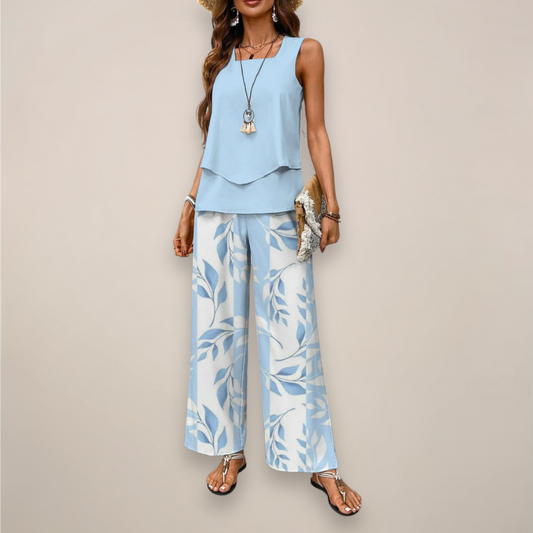 Women's Printed Wide Leg Pants Set with Sleeveless Top Casual Fit