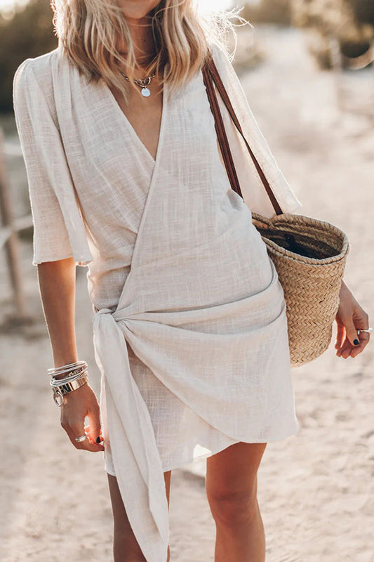 Women’s Wrap V Neck Asymmetrical Hem Casual Summer Mini Dress