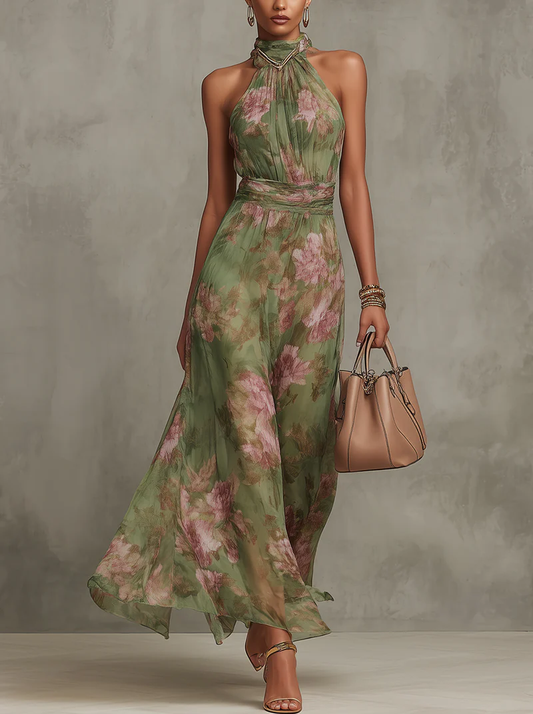 Women's Halter Neck Maxi Dress with Floral Print