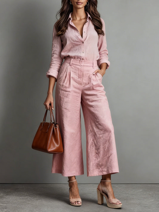 Women's Pink Linen Two Piece Set Button Shirt Wide Leg Pants Elegant Casual Outfit