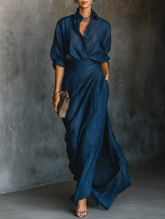 Women's Elegant Two Piece Set Shirt and Maxi Skirt Flowing Outfit
