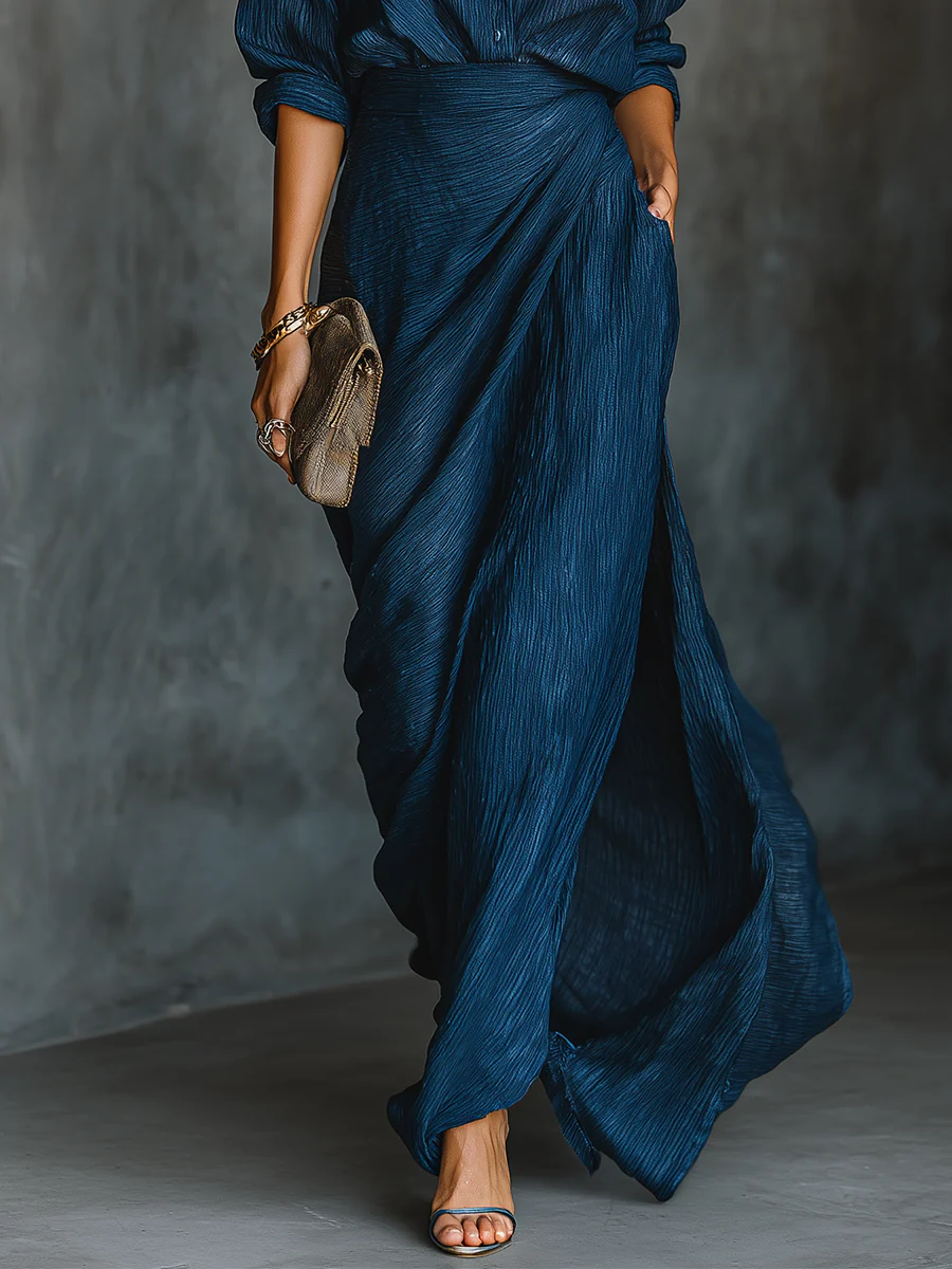 Women's Elegant Two Piece Set Shirt and Maxi Skirt Flowing Outfit