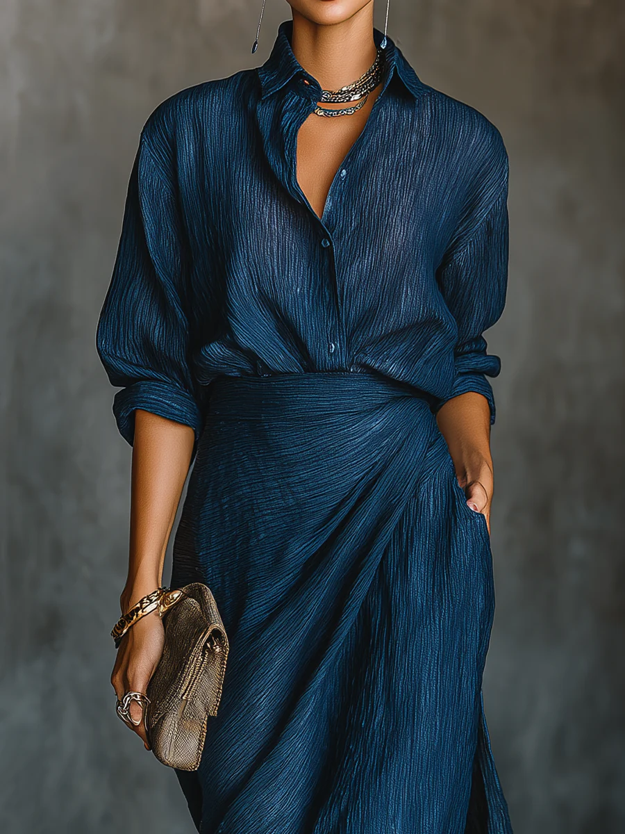 Women's Elegant Two Piece Set Shirt and Maxi Skirt Flowing Outfit
