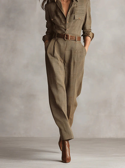 Women’s Plaid Belted Jumpsuit with Long Sleeves