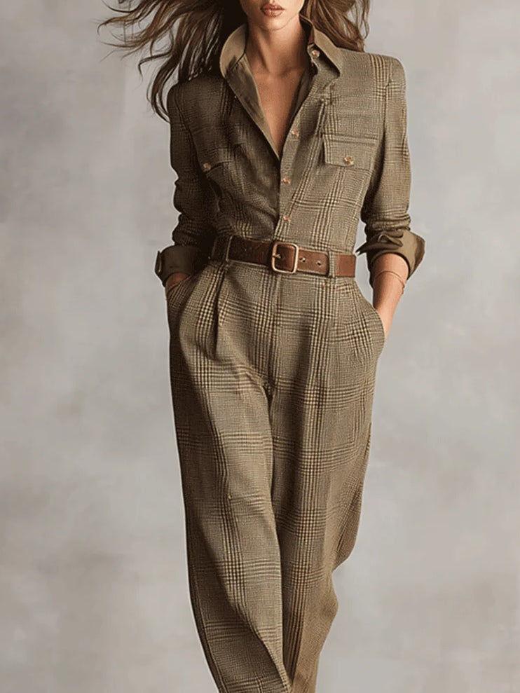 Women’s Plaid Belted Jumpsuit with Long Sleeves