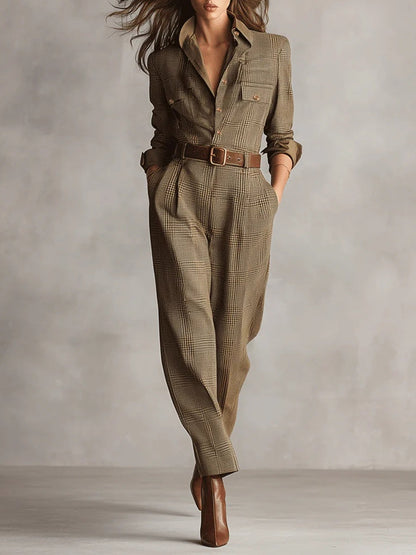 Women’s Plaid Belted Jumpsuit with Long Sleeves